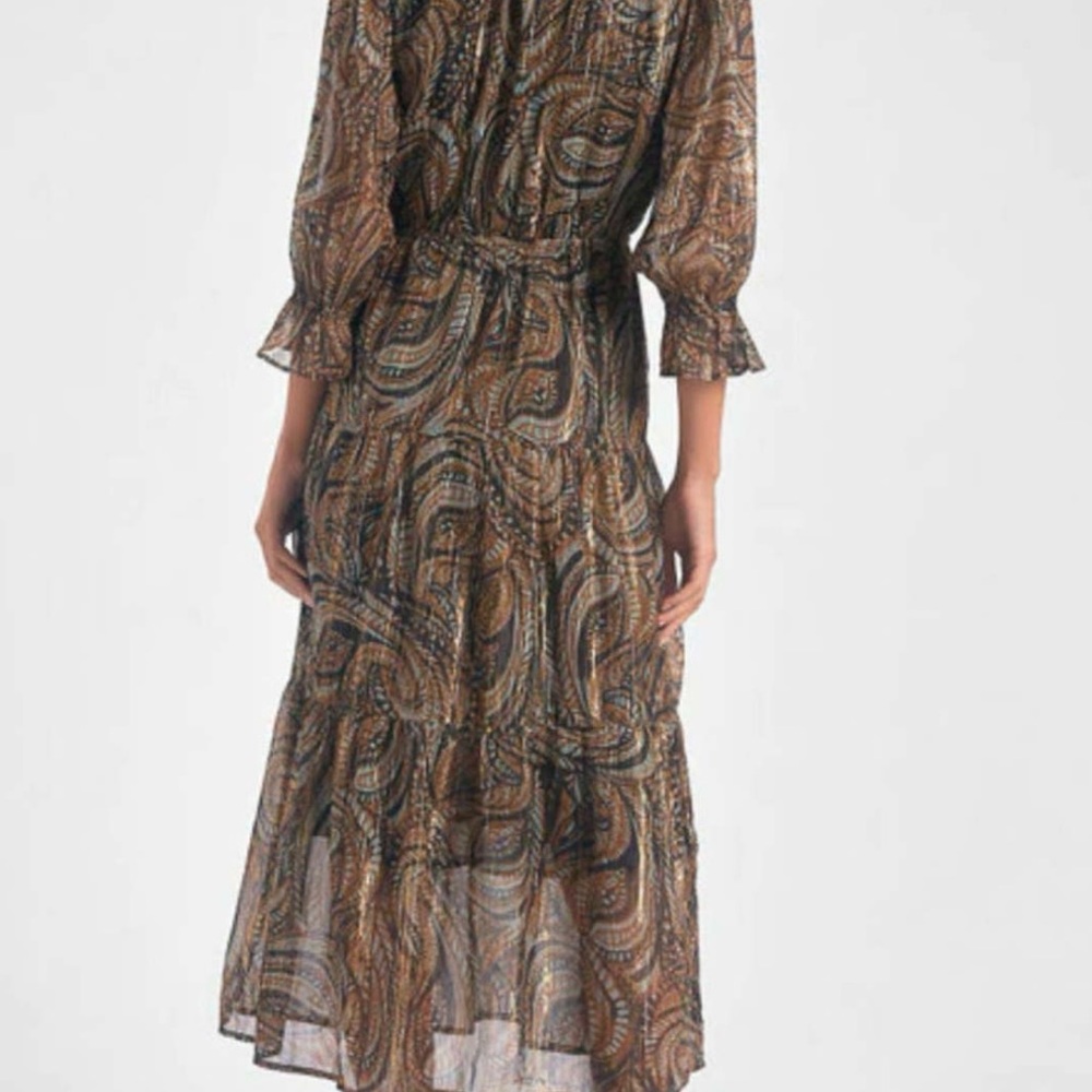 Elan Maxi Med. Dress Tiered Sheer Lined 3/4 Sleeve Metalic Gold Fairy Whimsical - Picture 11 of 14